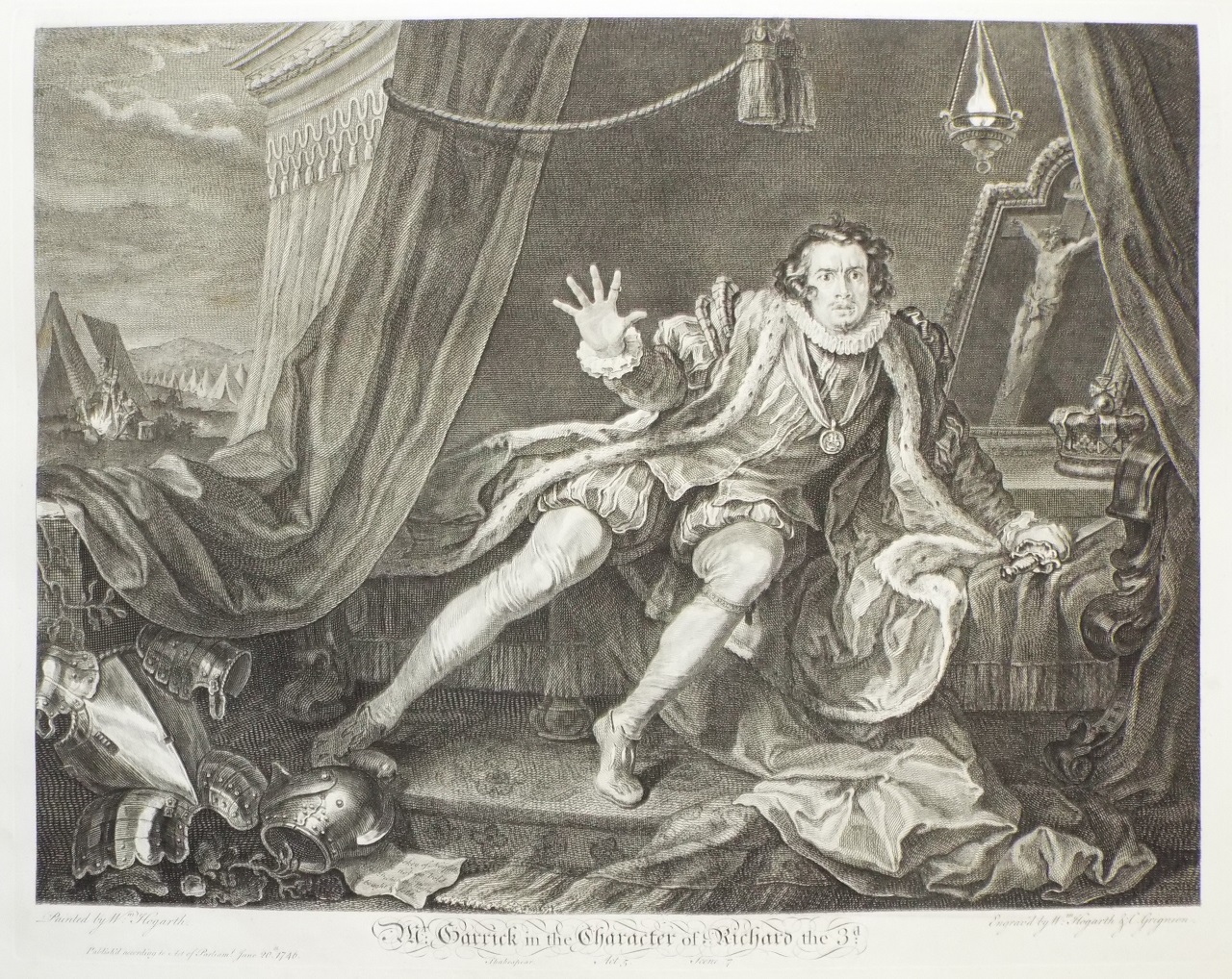 Print - Mr Garrick in the Character of Richard 3d. Shakespear Act 5. Scene 7 - Hogarth